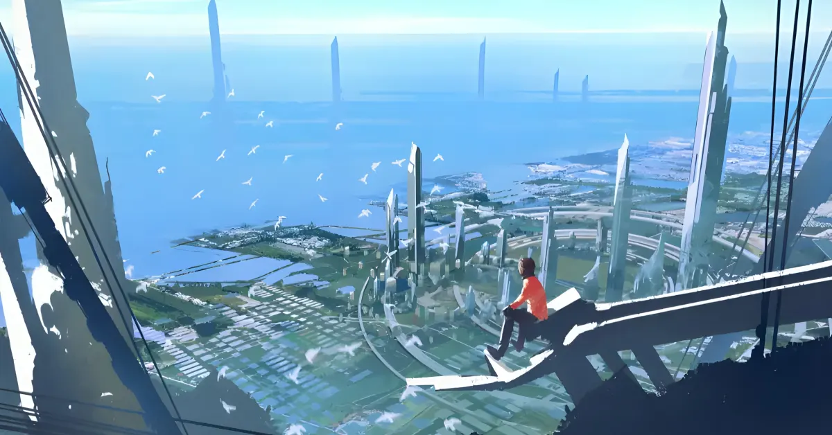 Cenário futurista sombrio com livros, representando o romance distópico