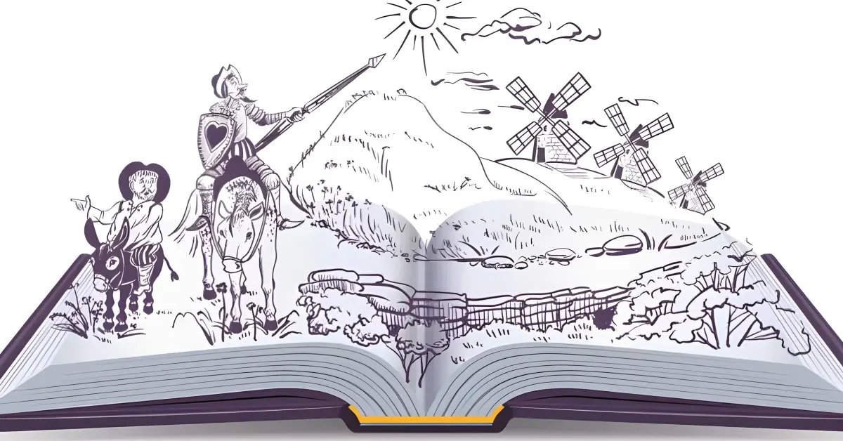 Ilustração medieval com cavaleiros e livros, representando romances de cavalaria