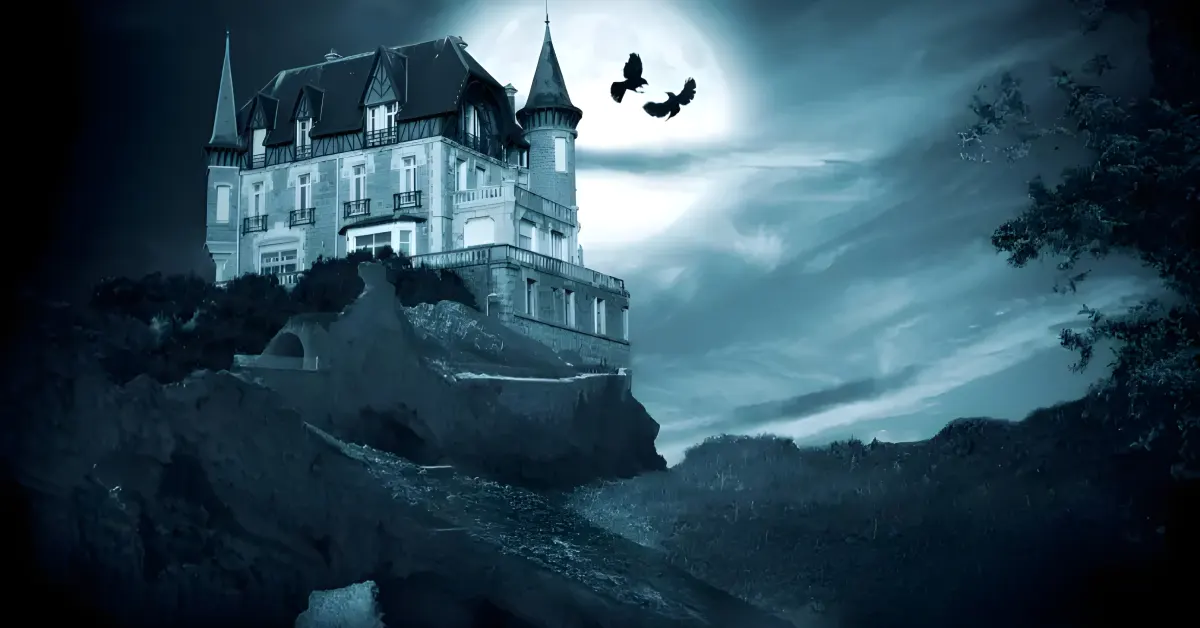 Livro de terror aberto com atmosfera sombria, representando o livro de terror mais lido