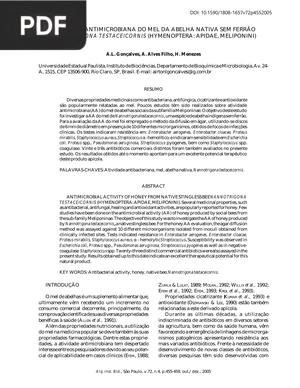 Atividade antimicrobiana do mel da abelha nativa sem ferrão nannotrigona testaceicornis (Hymenoptera: Apidae, Meliponini) (Artigo)