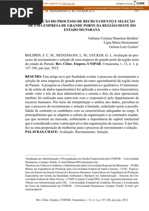 Avaliação do processo de recrutamento e seleção de uma empresa de grande porte da região oeste do estado do Paraná