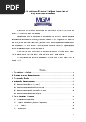 Manual de instalação, manutenção e garantia de esquadrias de alumínio
