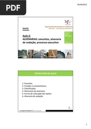 Aula 2: Alvenarias: conceitos, alvenaria de vedação, processo executivo