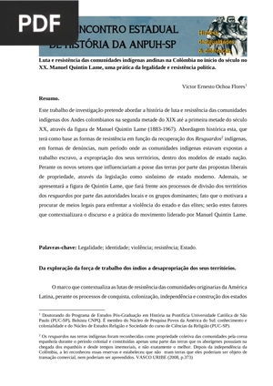 Luta e resistência das comunidades indígenas andinas na Colômbia no início do século no XX. Manuel Quintin Lame, uma prática da legalidade e resistência política.