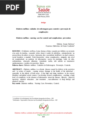 Diabetes mellitus: cuidados de enfermagem para controle e prevenção de complicações